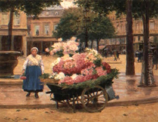 Marchande De Fleurs, Place Du Theatre Francais, Paris Oil Painting by Victor Gabriel Gilbert