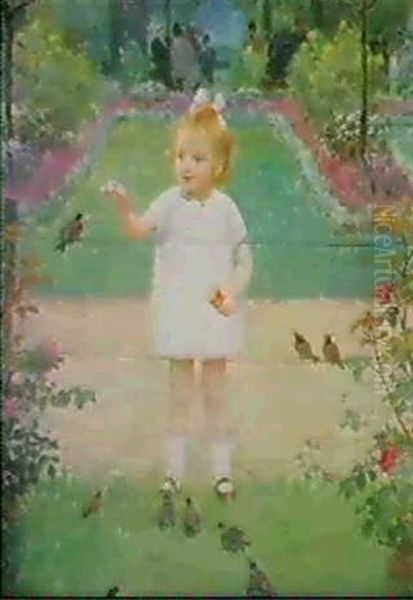 Liten Flicka Samt Smafaglar- Parkmotiv Oil Painting by Victor Gabriel Gilbert