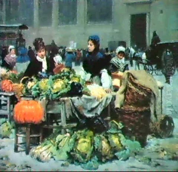 A Vegetable Stand, At Les Halles Centrales, Paris Oil Painting by Victor Gabriel Gilbert