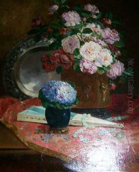 Composition Aux Fleurs Et A L'eventail Oil Painting by Charles Gilbert-Martin