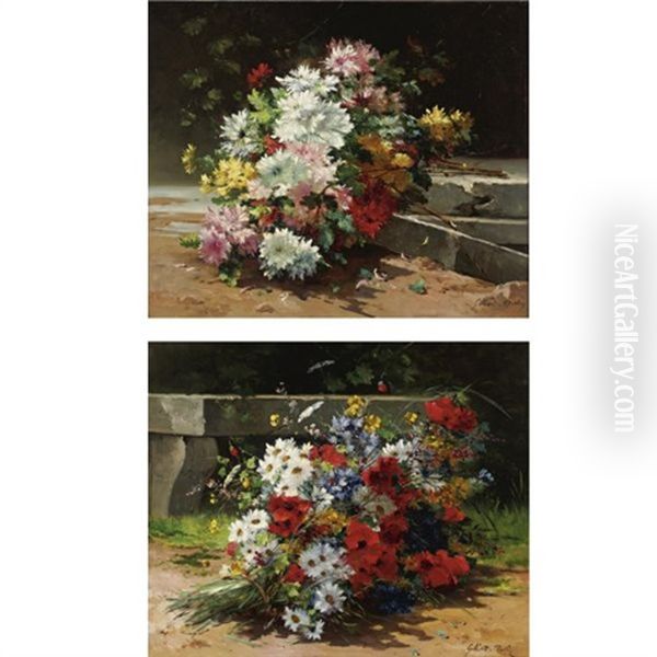 Bouquets Of Flowers (pair) Oil Painting by Charles Gilbert-Martin