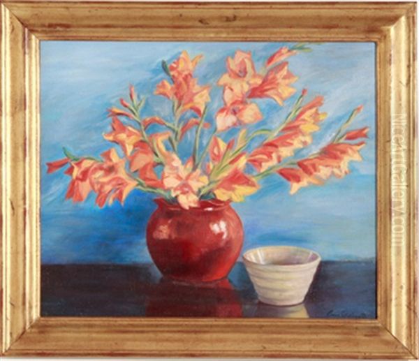 Still Life: Gladioli In Red Vase And Bowl Oil Painting by Emma S. Gilchrist