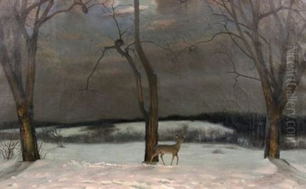 Evening Or Hungry Deer Approaching Near To Human Habitation Oil Painting by William Wallace Gilchrist