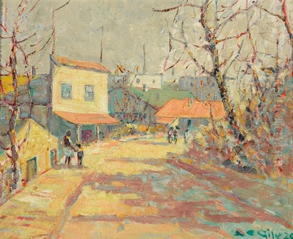 Sun-washed Street With Figures Strolling, Thought To Be Tiburon Oil Painting by Selden Connor Gile