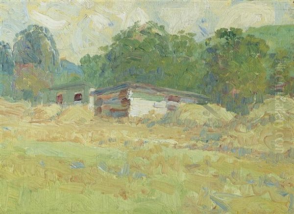 Chartreuse Meadow, Barns At Woods Oil Painting by Selden Connor Gile