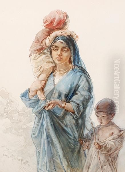 An Egyptian Mother And Her Children Oil Painting by Guido Bach