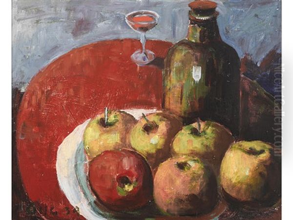 Apples, Wine And Red Table Cloth Oil Painting by Selden Connor Gile