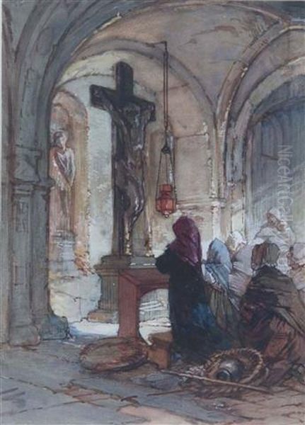 Figures Within A Chapel Interior Oil Painting by Guido Bach