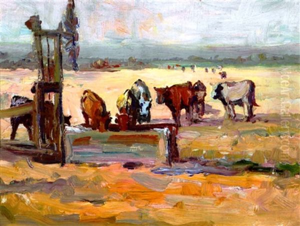 Cows At The Trough, Marin County, California Oil Painting by Selden Connor Gile