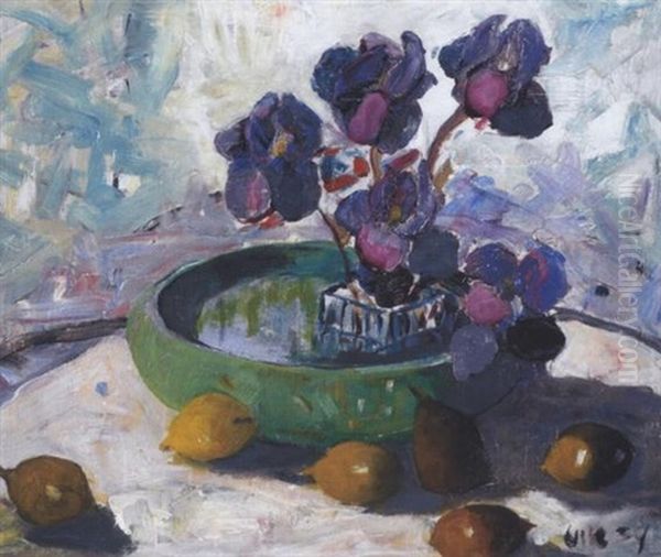 Iris And Fruit Oil Painting by Selden Connor Gile