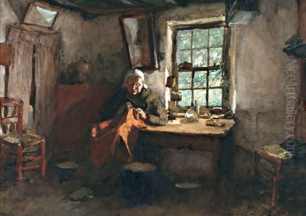 Bordurende Vrouw In Binnenhuis Te Hattem Oil Painting by Johannes Martinus Bach