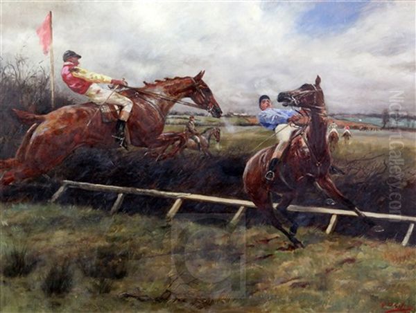 Steeplechasing With Horse Refusing A Fence Oil Painting by Geoffrey Douglas Giles