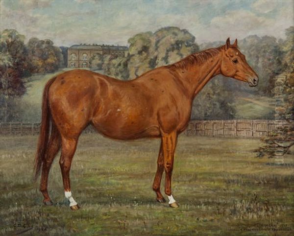 A Chesnut Mare In A Paddock, A Stately Home Beyond Oil Painting by Geoffrey Douglas Giles