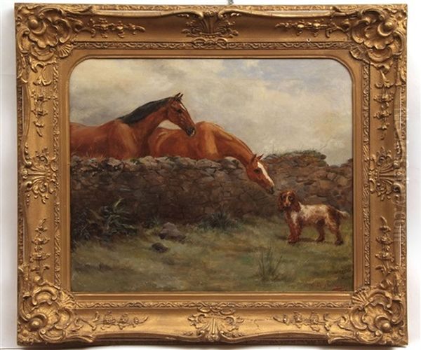 Two Horses And A Spaniel Oil Painting by Geoffrey Douglas Giles