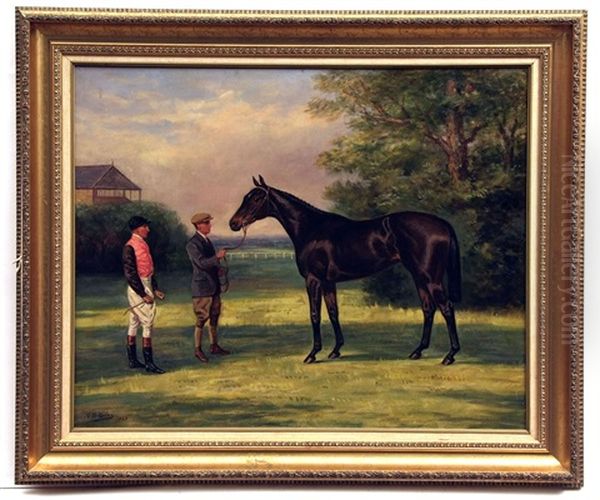 Racehorse Portrait With Jockey - Herbert Jones And Trainer - Dick Marsh Oil Painting by Geoffrey Douglas Giles