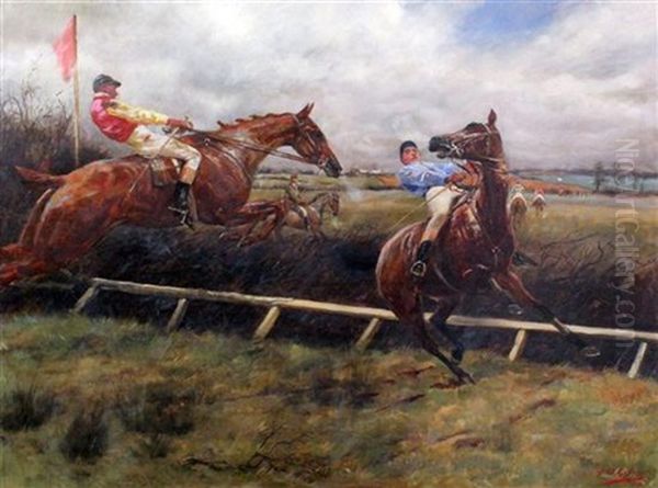 Jockeys Taking A Fence Oil Painting by Geoffrey Douglas Giles