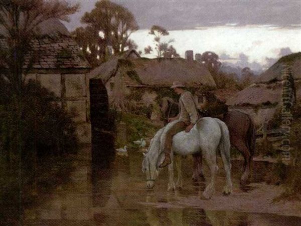 Watering At The Old Mill Pond Oil Painting by Geoffrey Douglas Giles