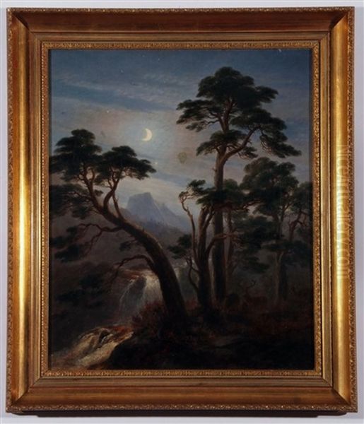 A Scottish River And Mountain Landscape By Moonlight With Deer In Foreground Oil Painting by James William Giles