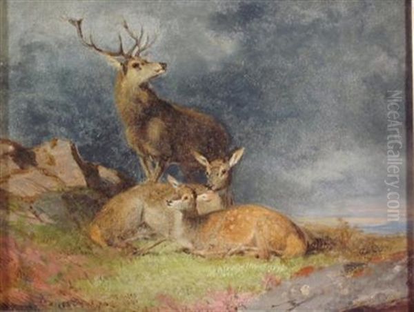 A Stag And Does In A Highland Landscape Oil Painting by James William Giles