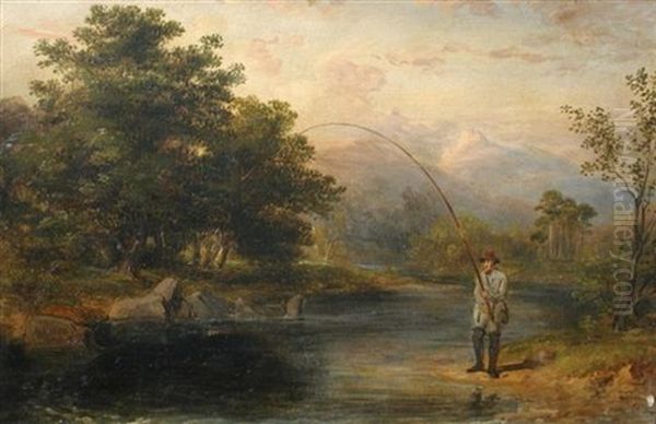 Salmon Fishing On A Highland River Oil Painting by James William Giles