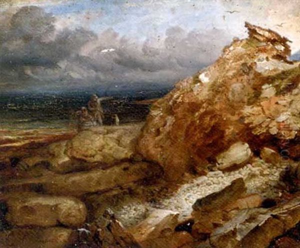 An Extensive Valley View With Figures On A Rocky Crag In The Foreground Oil Painting by James William Giles