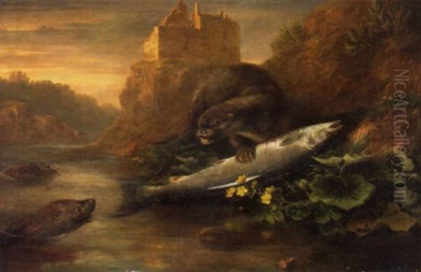 An Otter Defending Its Salmon Catch On A Riverbank With A Ruined Castle Behind Oil Painting by James William Giles