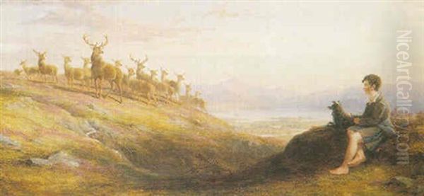 Red Deer Feeding Oil Painting by James William Giles