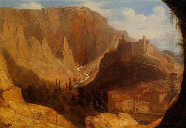 Italian Mountainous Landscape With Figures On A Path Near A Village Oil Painting by James William Giles