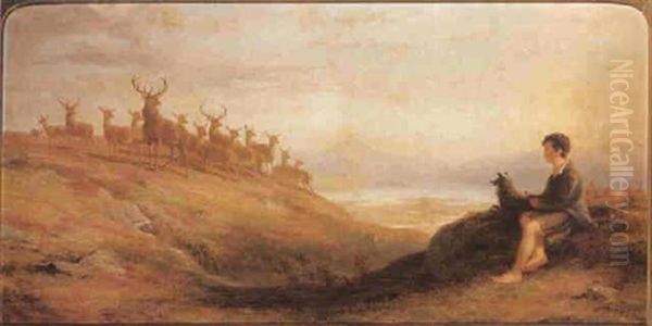 A Shepherd Boy Resting With His Dog Before A Herd Of Sheep In A Highland Landscape Oil Painting by James William Giles