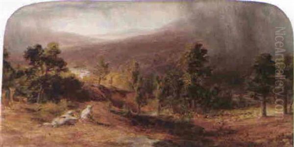 Figures Stalking Deer In A Wooded Highland Landscape Oil Painting by James William Giles