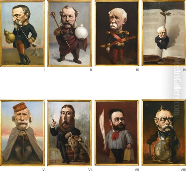 Eight Caricatures: Henri Dorleans Duc Daumale; Emperor Alexander Iii Of Russia; Patrice De Macmahon; Adolphe Thiers; Giuseppe Garibaldi; King Leopold Ii Of Belgium; Emile Zola; Otto Von Bismarck Oil Painting by Andre (Gosset de Guines) Gill