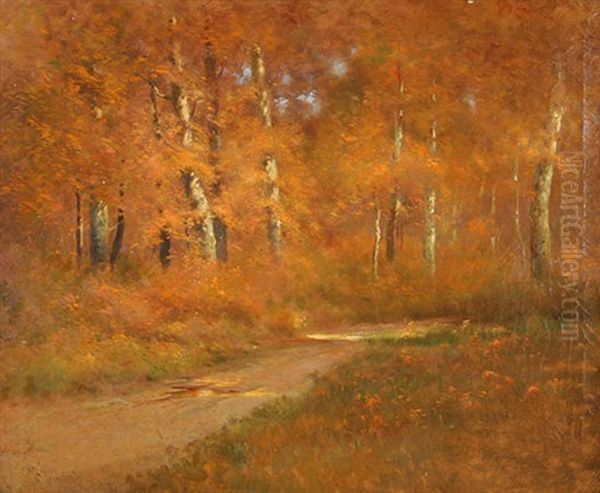 Road Through A Forest, Autumn Oil Painting by Delancey W. Gill