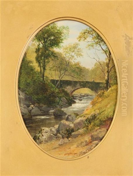 Waterfall And Stream Beneath A Stone Bridge (pair) Oil Painting by Edmund Gill