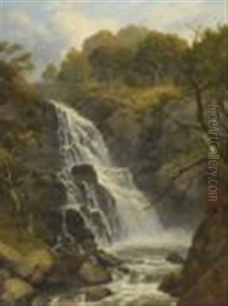 A Fall On The River Cain, North Wales Oil Painting by Edmund Gill