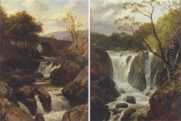 Welsh Waterfall Scene Oil Painting by Edmund Gill