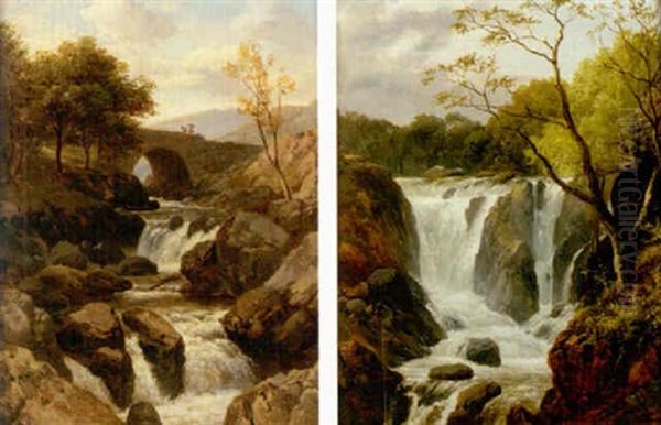 Welsh Waterfall Scene Oil Painting by Edmund Gill