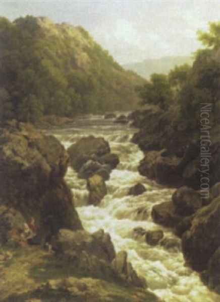 Figures Resting At A Waterfall, Wales Oil Painting by Edmund Gill