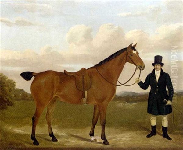 A Gentleman Holding His Bay Hunter In A Landscape by Edmund Ward (E. W.) Gill