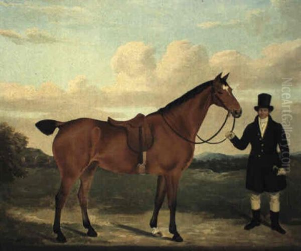 A Gentleman Holding His Hunter In A Landscape Oil Painting by Edmund Ward (E. W.) Gill