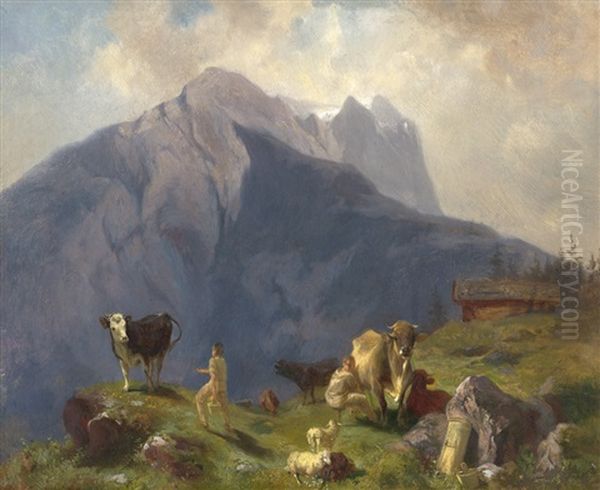 Alpenlandschaft Mit Kuhen Auf Der Alm by Christian Friedrich Gille