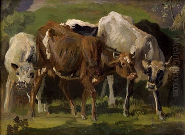 Studie Mit Zwei Rindern Und Einem Kalb Oil Painting by Christian Friedrich Gille