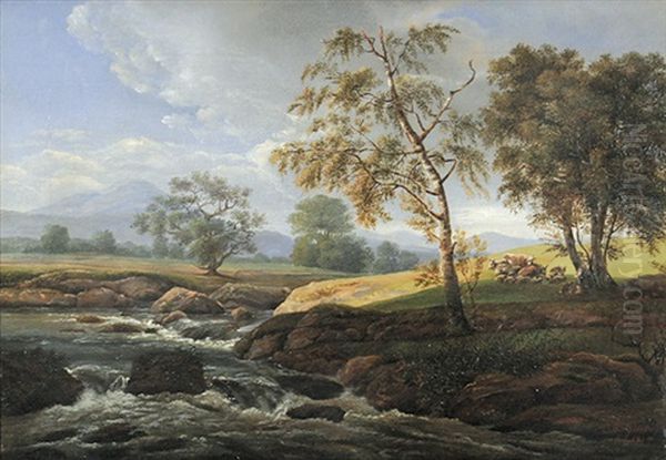 Landschaft Mit Flusschen Am Millischauer In Bohmen, Rechts Ein Hirte Mit Herde Oil Painting by Christian Friedrich Gille