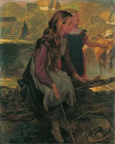 Zwei Kinder Am Weidezaun Oil Painting by Christian Friedrich Gille