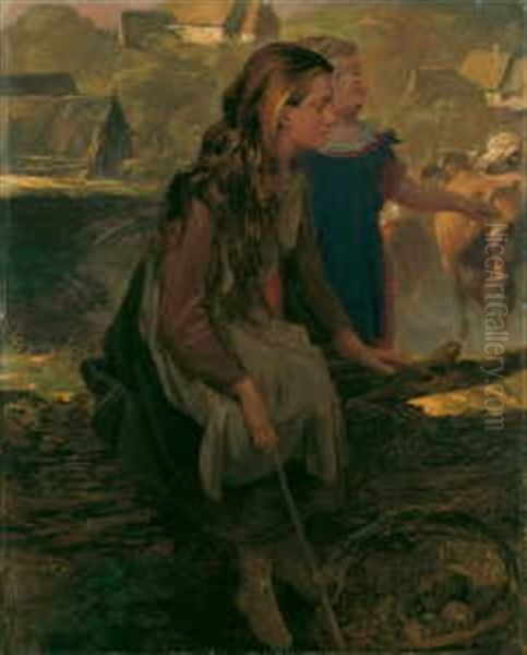 Zwei Kinder Am Weidezaun Oil Painting by Christian Friedrich Gille