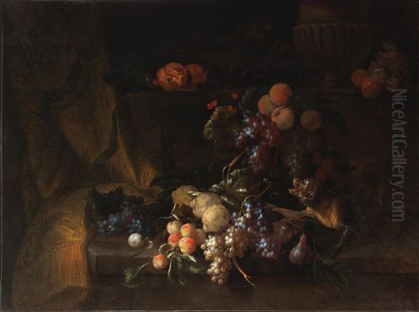 A Still Life Of Fruit With A Monkey And Parrot Oil Painting by Jan Pauwel Gillemans The Elder