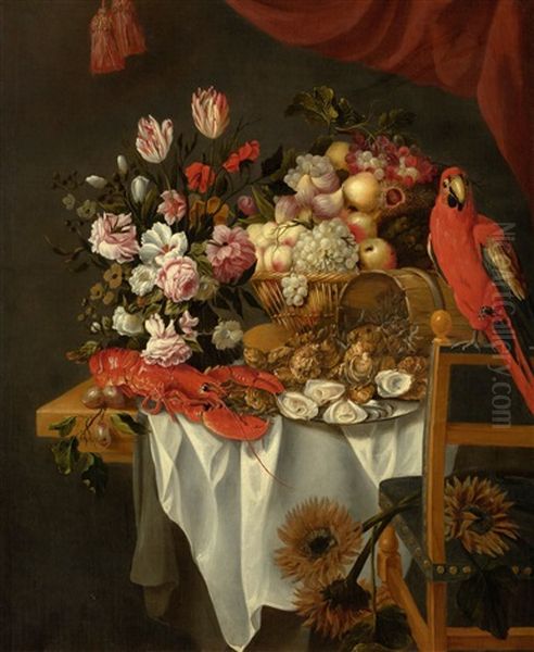 Still Life With Flowers, Fruits, Lobster, Oysters And Parrot Oil Painting by Jan Pauwel Gillemans The Elder