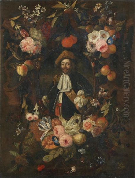 Portrait Of A Gentleman, Half-length, Surrounded By A Garland Of Flowers And Fruit Oil Painting by Jan Pauwel Gillemans The Elder