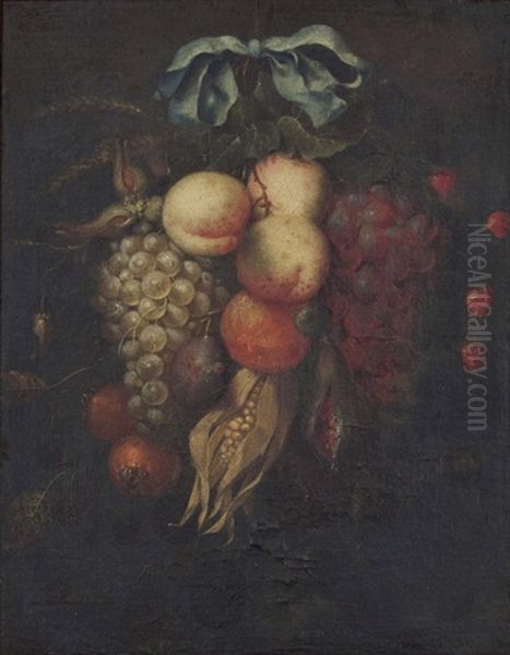 A Swag Of Hanging Fruit With A Blue Ribbon Tie Oil Painting by Jan Pauwel Gillemans The Elder