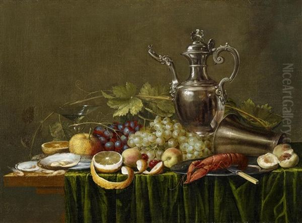 Variastillleben Mit Silberkanne, Becher, Fruchten Und Kleinem Hummer Oil Painting by Jan Pauwel Gillemans The Elder