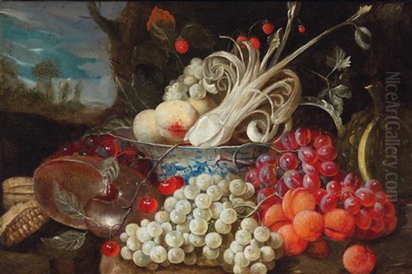 A Still Life Of Fruit And Vegetables, With A Chinese Porcelain Bowl And Brass Vessels Oil Painting by Jan Pauwel Gillemans The Elder